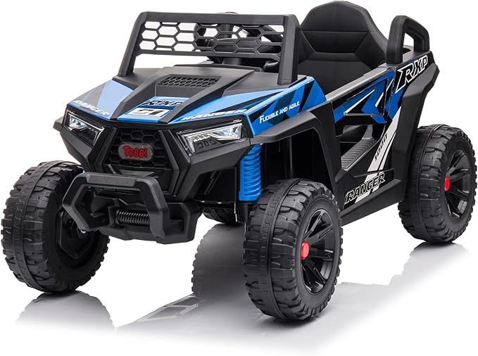 TOBBI 12V Kids Ride on Car, Electric Off-Road UTV Truck with Forward and Reverse Functions, Double Open Doors, Safety Belt, Horn, Music, and Lights for Kids Aged 3-5 Years (Blue)