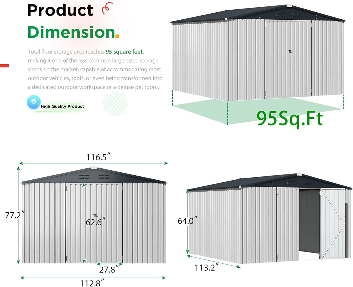 U-MAX 10' x 10' Shed Outdoor Storage Shed Clearance, Large Metal Garden Shed Yard Steel Shed with Design of Lockable Doors, Tool and Utility Storage for Backyard, Garden, Patio, Outside use White