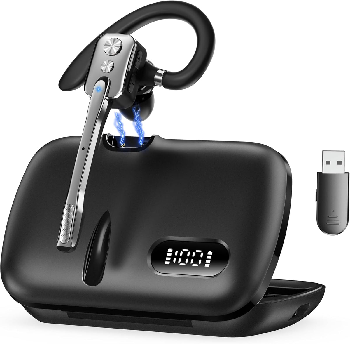 Bluetooth Headset, Wireless Bluetooth Earpiece with Dual-Mic & Noise Canceling, Single Ear Headset with Mute for Business, Remote Work, V5.3 Hand-Free headset for iOS Android Cell Phone (Gunmetal)