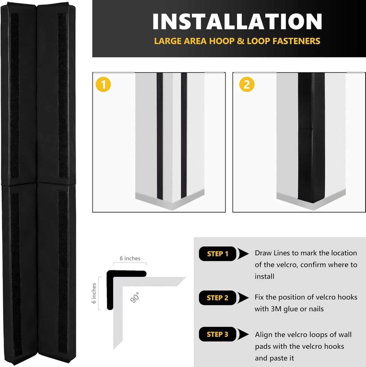 Wall Corner Guards & Edge Protector, Heavy Duty Wall Corner Protective Safety Padding, All-Weather 2 Sides Corner Pad for Gyms, Basketball Court, Playrooms, Garages,etc. (Black, 5FT Tall 6in Sides)