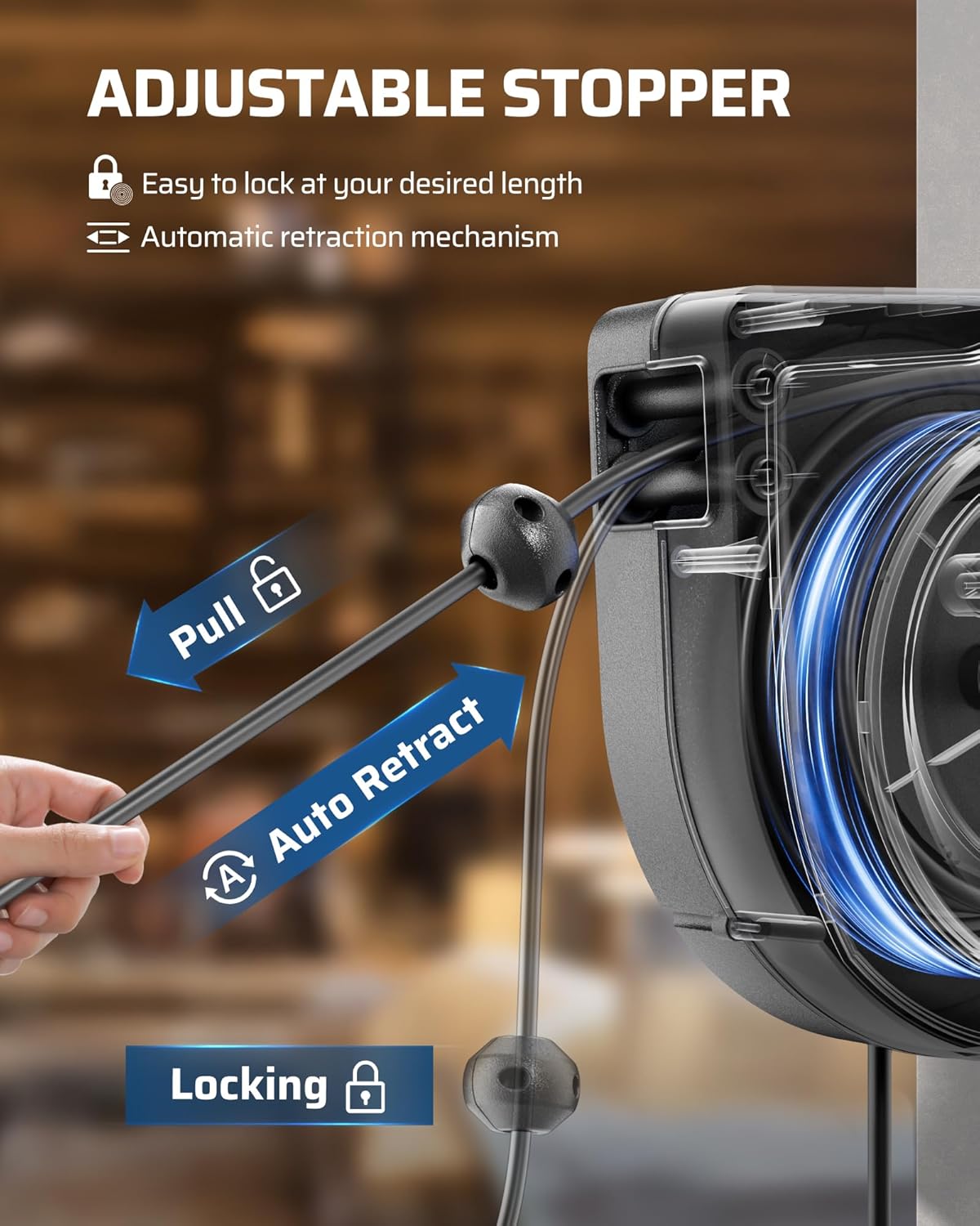 DEWENWILS 75FT Extension Cord Reel, 14/3C SJTOW Retractable Extension Cord Reel, Lighted Triple Outlets, 10A Circuit Breaker, Heavy Duty Power Cord, UL Listed, Ceiling/Wall Mount