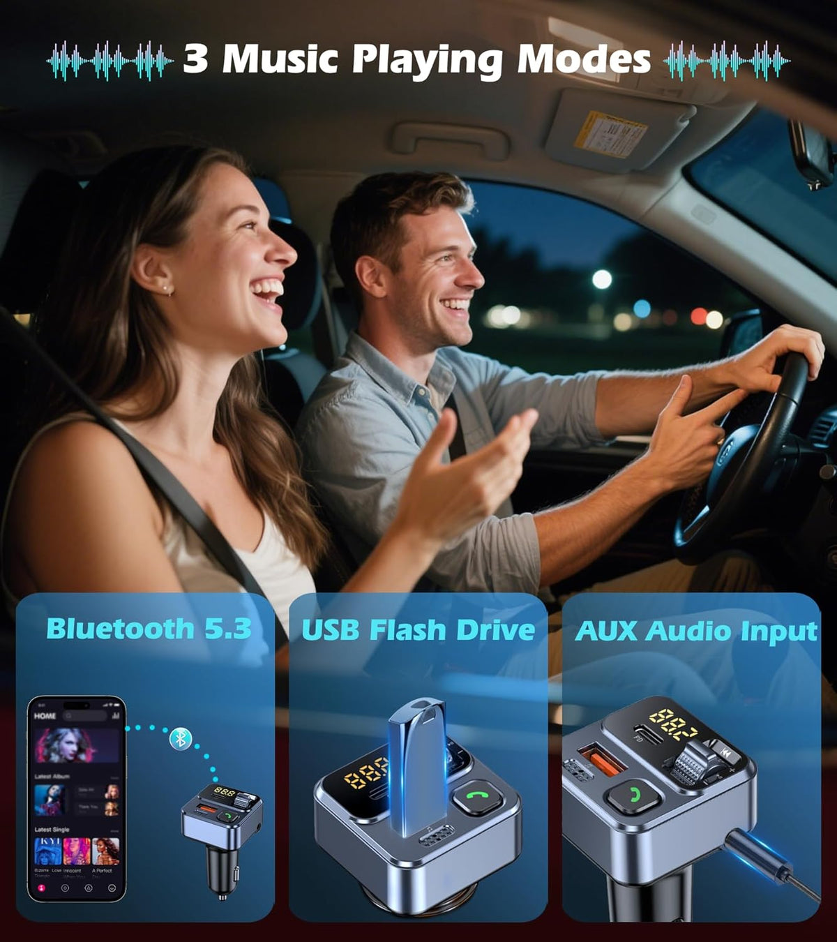 KAIY FM Transmitter Bluetooth Car Adapter, Car Radio Bluetooth Transmitter HandsFree Calling Music Player, FM Radio Adapter 42W Type-C Fast Charging, Support USB Drive