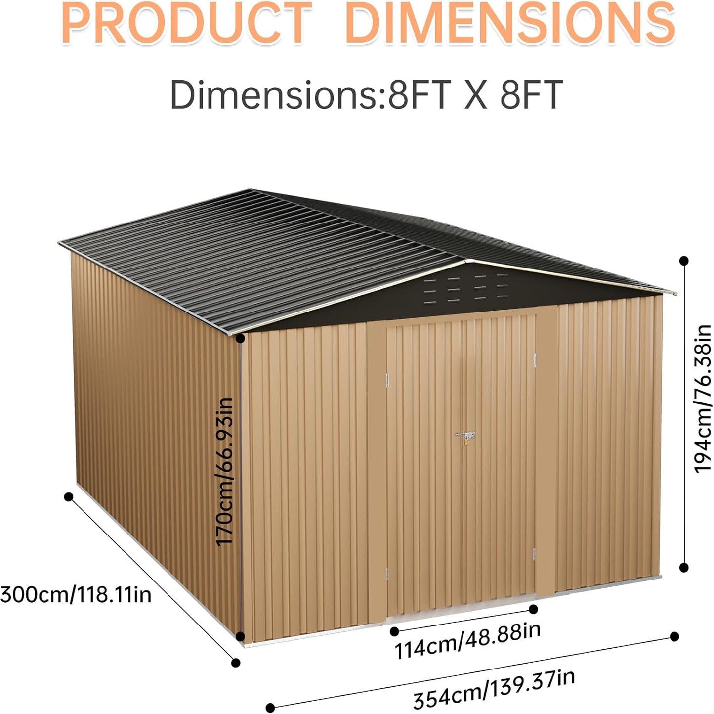 8X8FT Outdoor Metal Storage Shed, Lockable Weatherproof Garden Shed for Tools & Equipment, Durable Galvanized Steel with Sloping Roof & Ventilation, Ideal for Backyard, Patio & Garage Storage, Brown