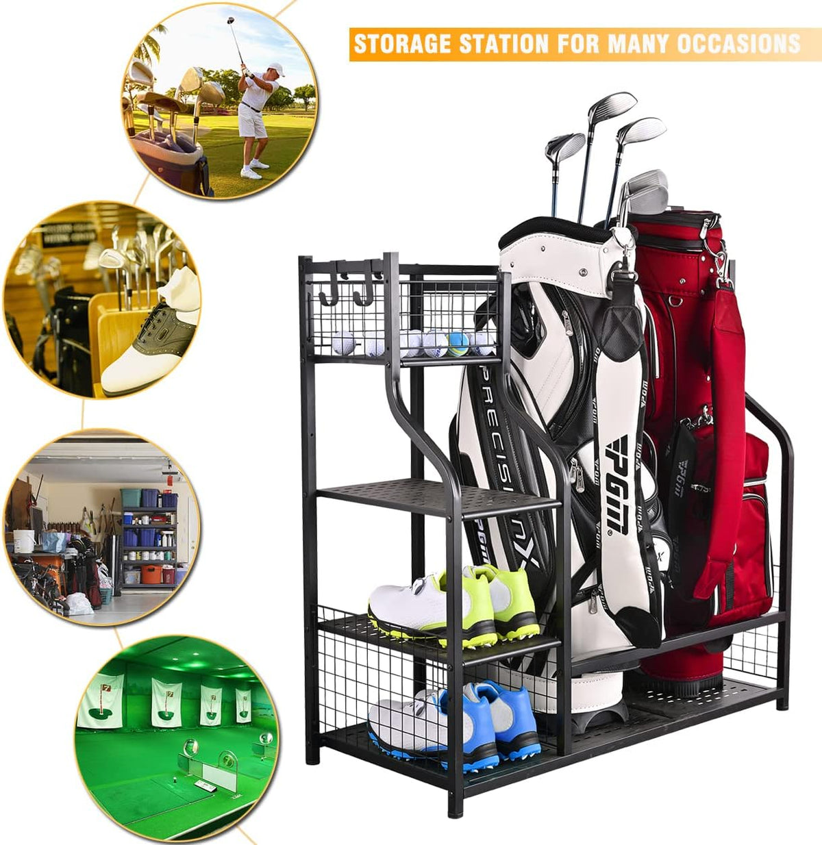 SNAIL Golf Bag Garage Storage Organizer Extra Large Size Golf Bag Rack Stand Holder Fits 2 Golf Bags and Other Golfing Equipment Accessories, Metal Black Golf Club Storage for Garage Shed and Basement