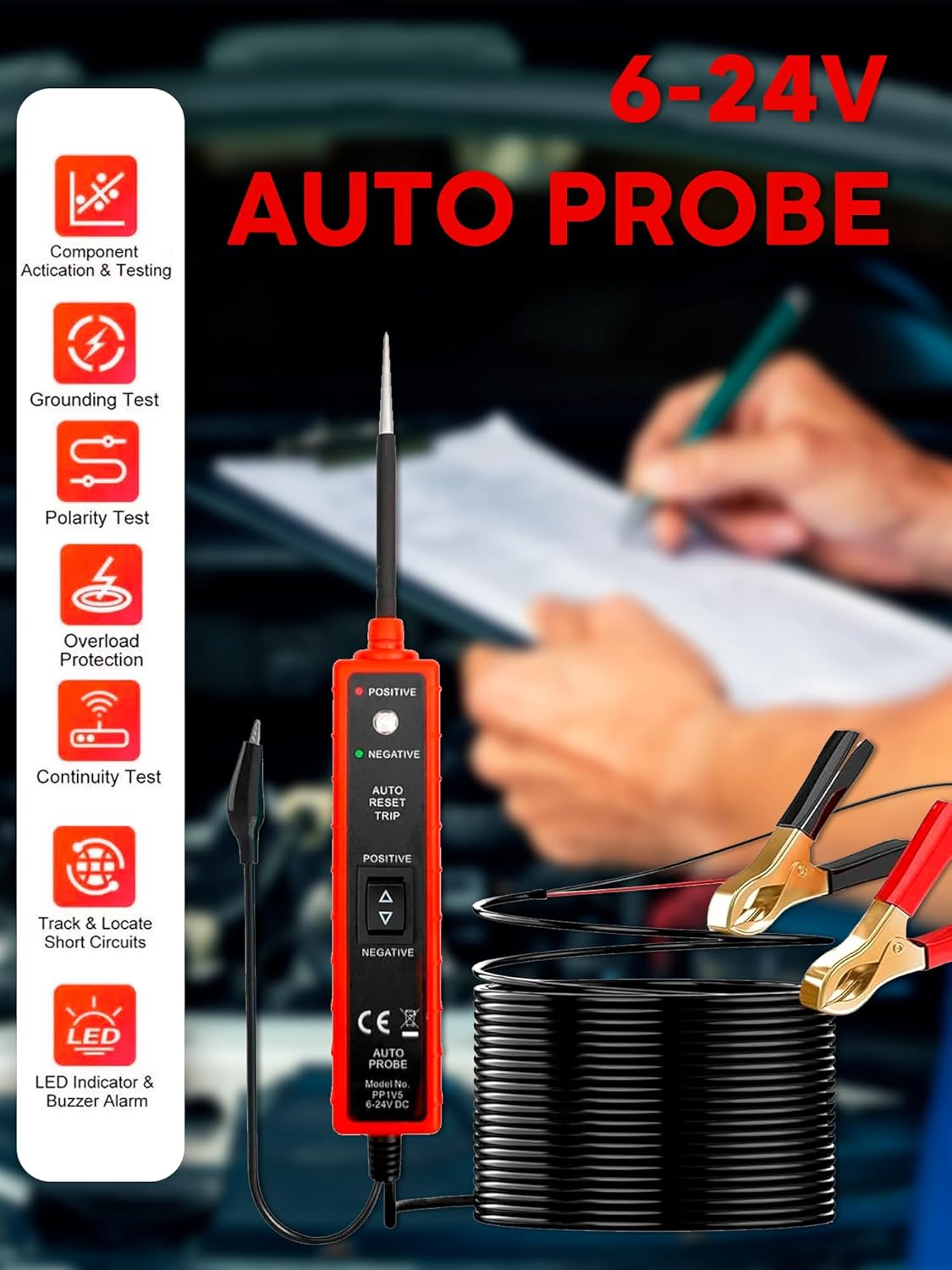 Power Circuit Probe Tester, 6-24V DC Circuit Tester, Test Light Automotive Short Circuit Located, Polarity Identify with LED Light Overload Protection