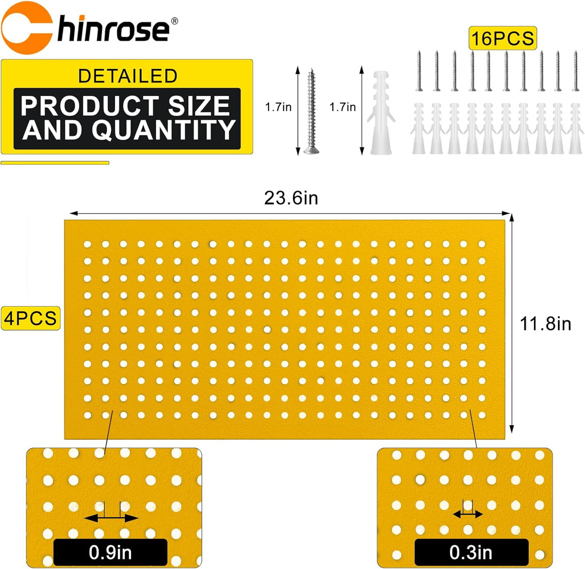 Metal Peg Board Panels for Workbench, Shop, Shed Modular Peg Board Organizer Board Kit, pegboard Wall Organizer(4 Pack, Yellow)
