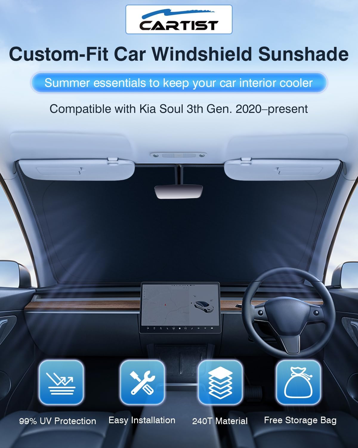 2024 New 5-Layer Windshield Sun Shade Custom Fit for Kia Soul 2020-2024 2025 Accessories Foldable Car Front Window Sunshade Sun Visor Protector