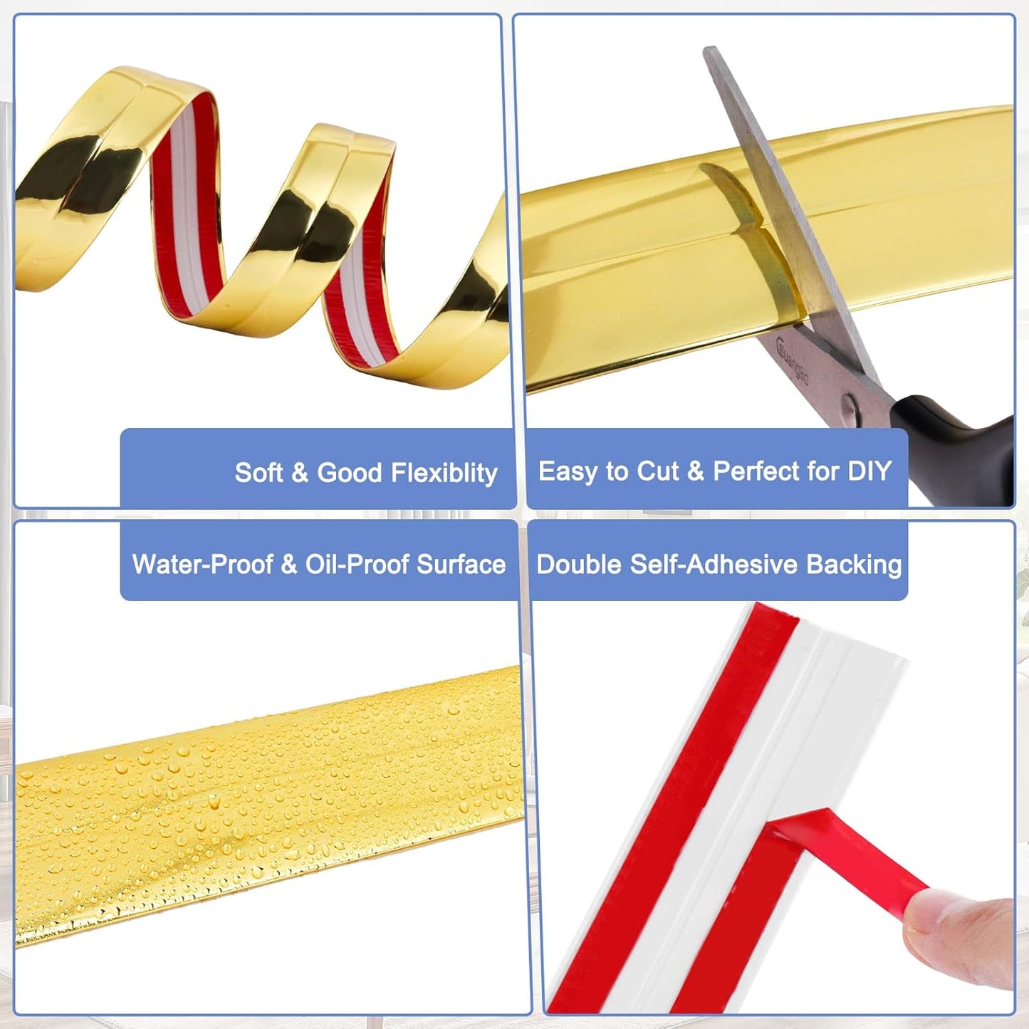Wall Corner Protector Moulding Trim Peel and Stick Wall Corner Guards Trim Flexible Self Adhesive Edge Protector Moulding, 1.6 in x 40 Ft, Gold