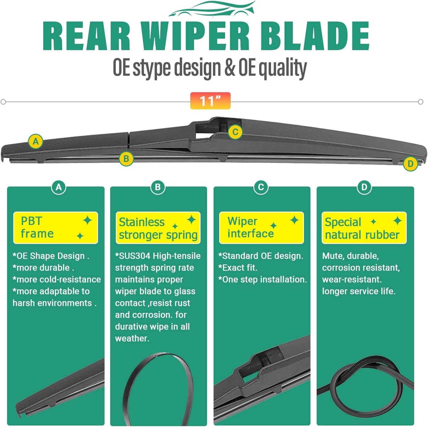 24" 20" 11" Windshield Wiper Blades Replacement for Kia Soul 2010-2019 / Kia Sorento 2011-2015 Premium All Weather Front Rear Wipers Set - OEM Quality (Pack of 3)