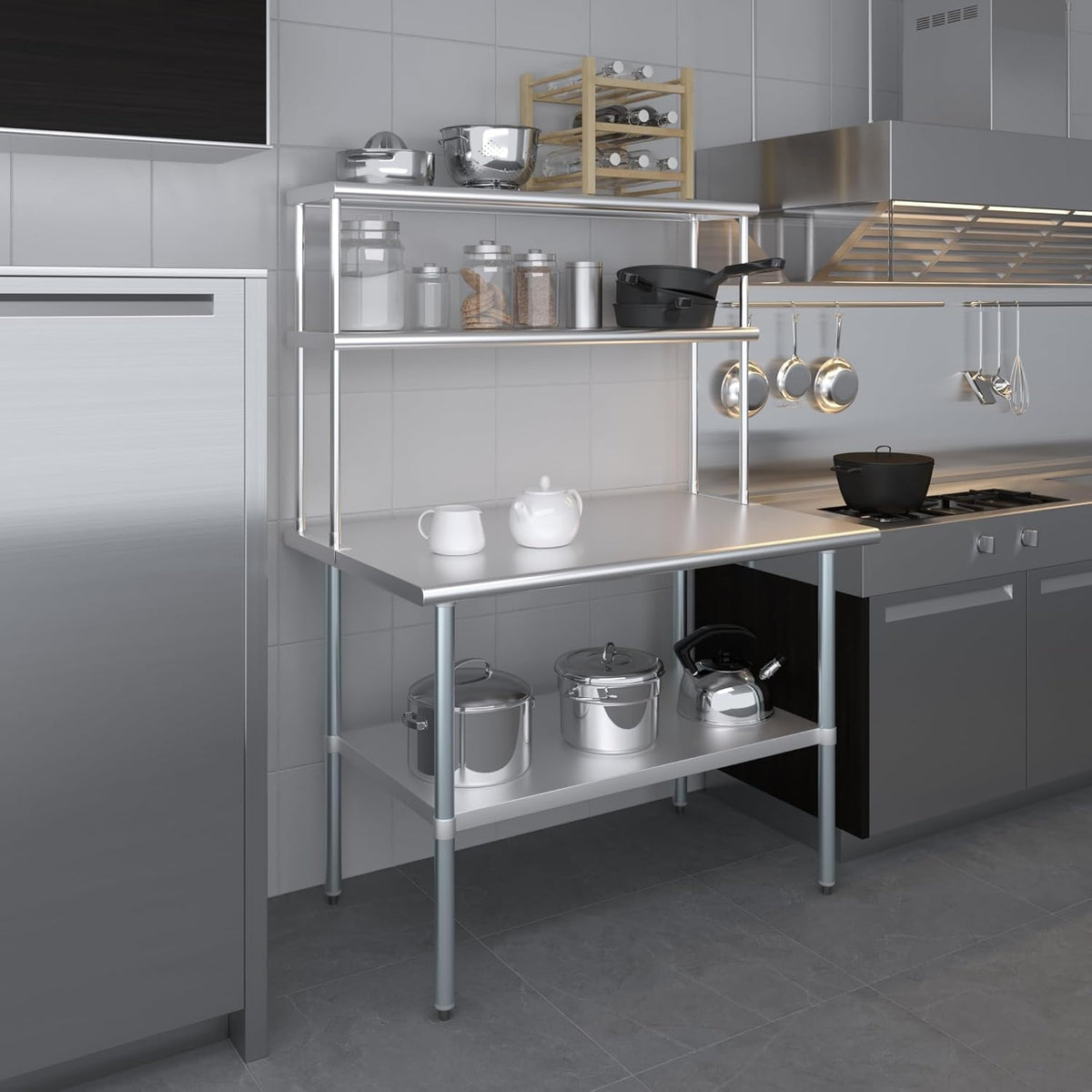 Amgood Stainless Steel Work Table Double Tier Overshelf | Metal Kitchen Prep Table & Shelving Combo (30" x 48" Work Table + 12" Overshelf)