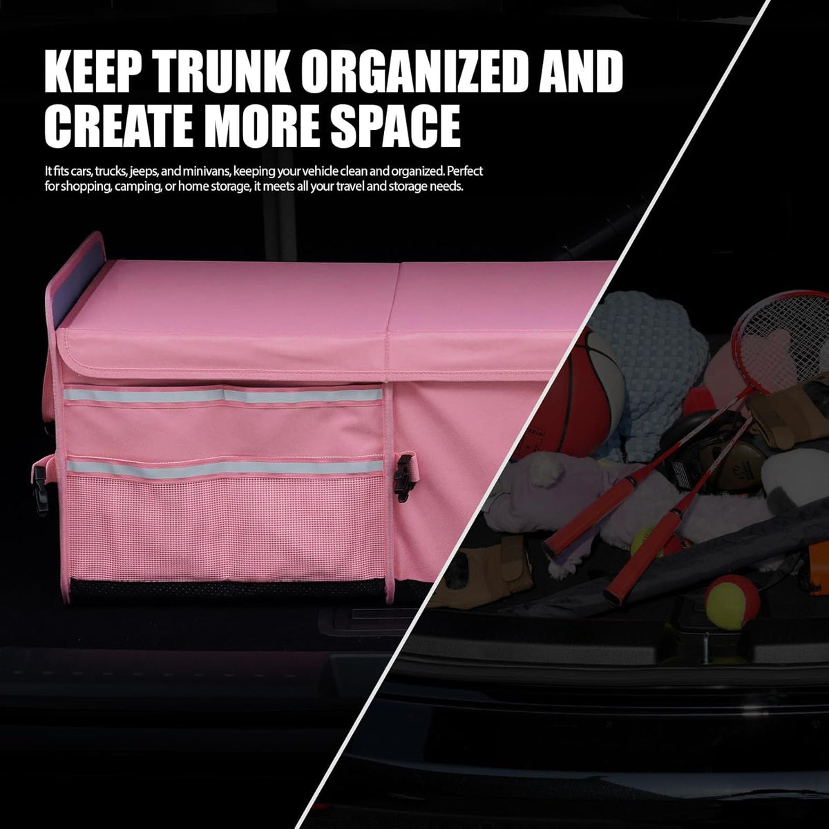 LIBZAKI Car Trunk Storage Organizer, Multi Compartment Collapsible Trunk Storage Box for Car Truck SUV-Pink