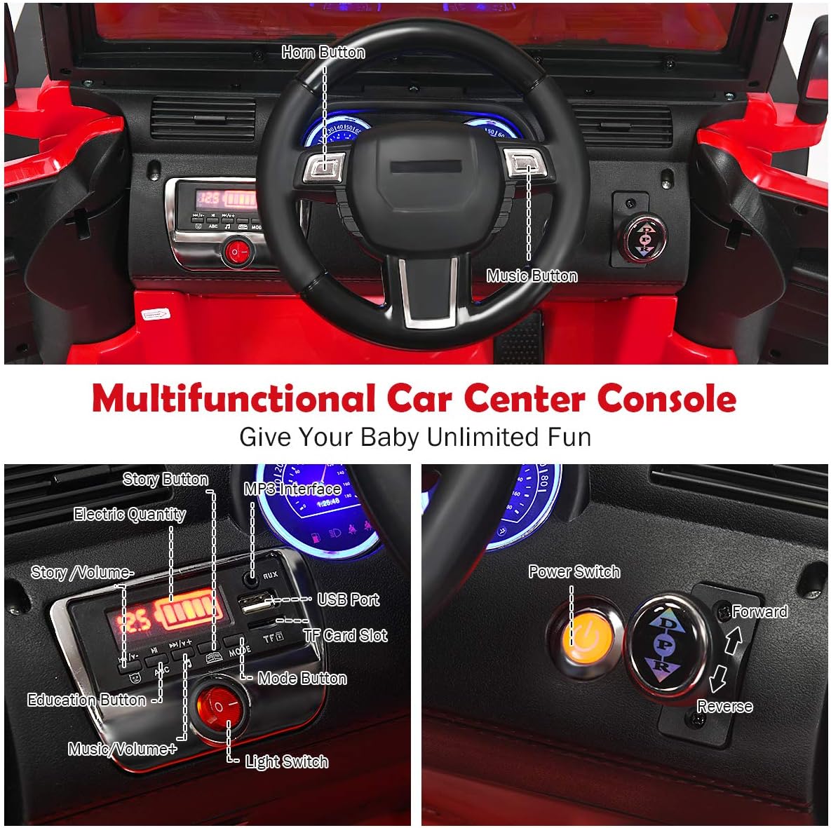 Costzon Ride on Car, 12V Battery Powered Electric Vehicle w/Parent Remote Control, Spring Suspension, Storage, 3 Speeds, LED Light, MP3, Music, USB & AUX Port, Electric Car for Kids (Red)