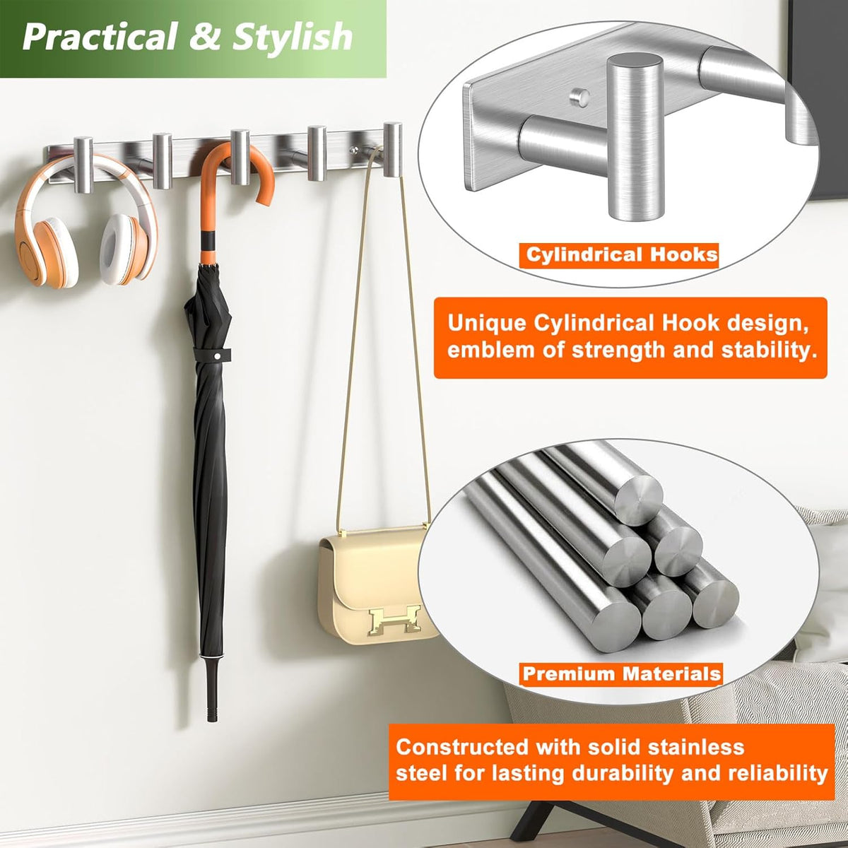 Wall Mounted Coat Rack-5 Hooks, Heavy Duty Stainless Steel Hook Rail for Towel Coat Hat Purse Bag Jacket, Towel Hooks for Entryway Bathroom Kitchen (Silvery 5 Hooks - 1 Pack)