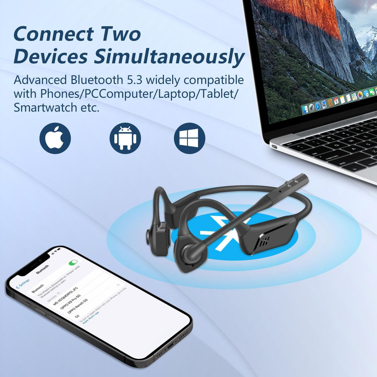 BANIGIPA Bluetooth Headset with Microphone, Open Ear Headphones with Mic, Noise Cancelling Bluetooth Headphones for Phone Computer, Wireless Headset Multipoint Connection & Mute Button for Working-16H