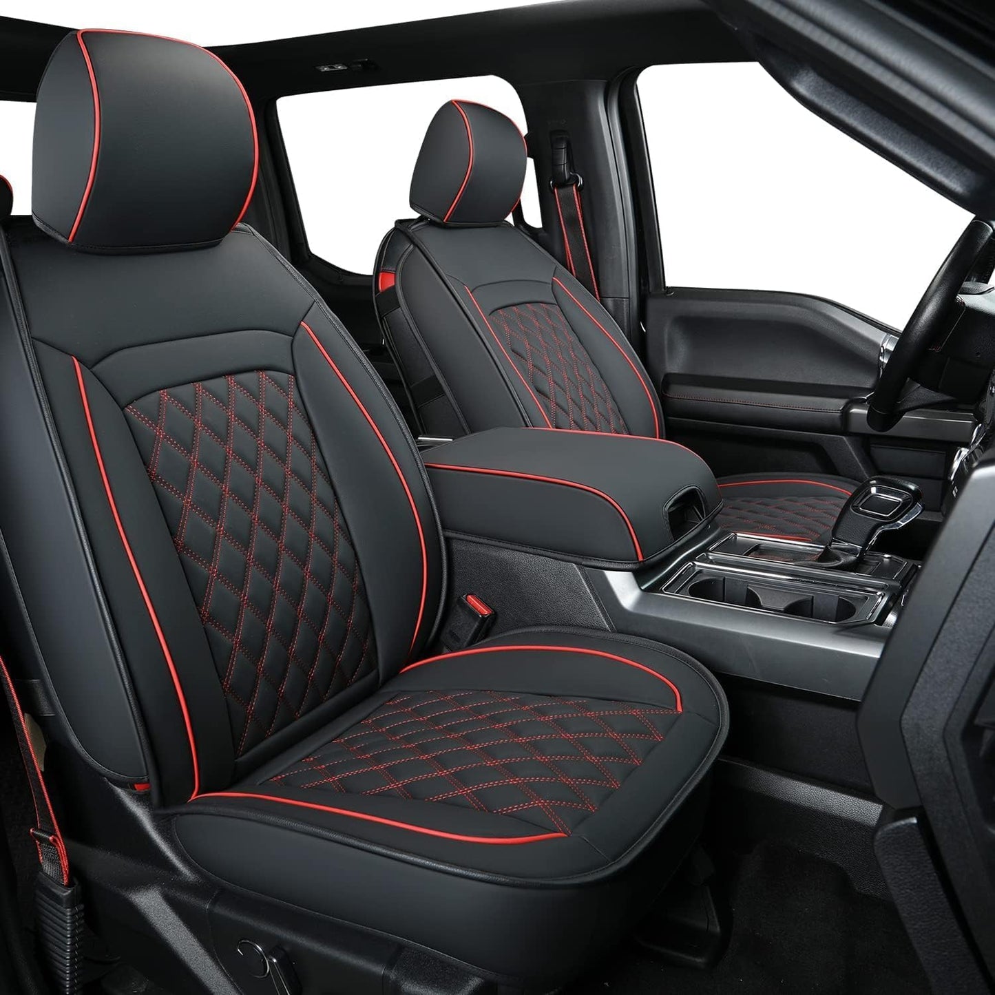LUCKYMAN CLUB F150 Faux Leather Seat Covers Fit for 2015-2025 F150 and 2017-2025 F250 F350 F450 Pickup Trucks(Full Set, Black&Red)