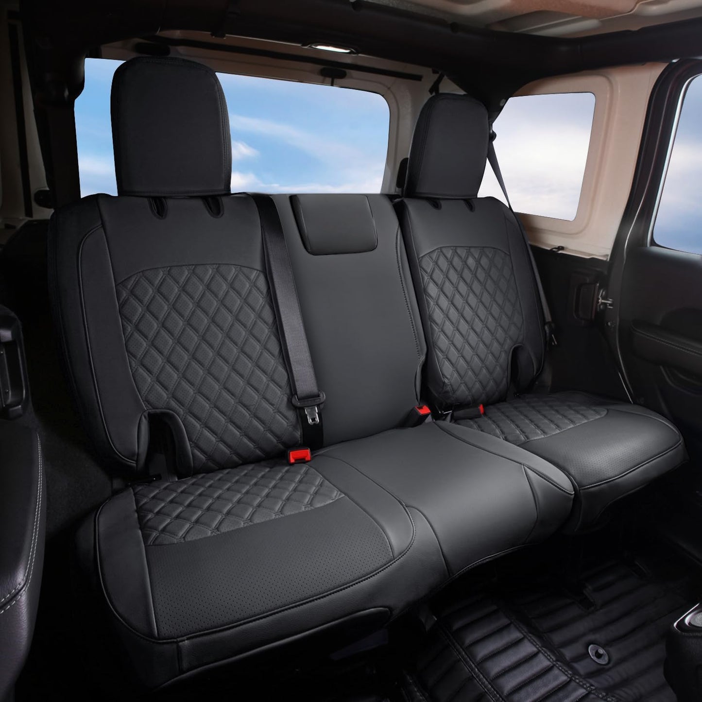 GIANT PANDA Customized Rear Car Seat Covers for Jeep Wrangler 4 Door JL Sahara Sport Rubicon Unlimited Willys 2018 2019 2020 2021 2022 2023 2024 2025 Without Rear Cup Holder,Faux Leather,(Black)