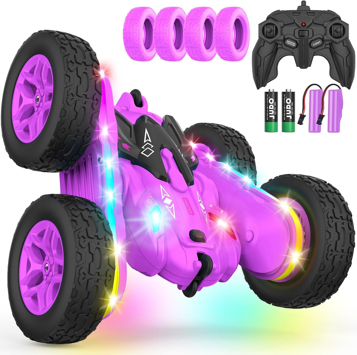 Remote Control Car, Rc Cars Stunt RC Car Toys New Upgraded Strip Lights and Headlights Girl Toys Double-Sided 360° Rotating 4WD Drift Truck for Boys Girls Birthday Gift (Purple)