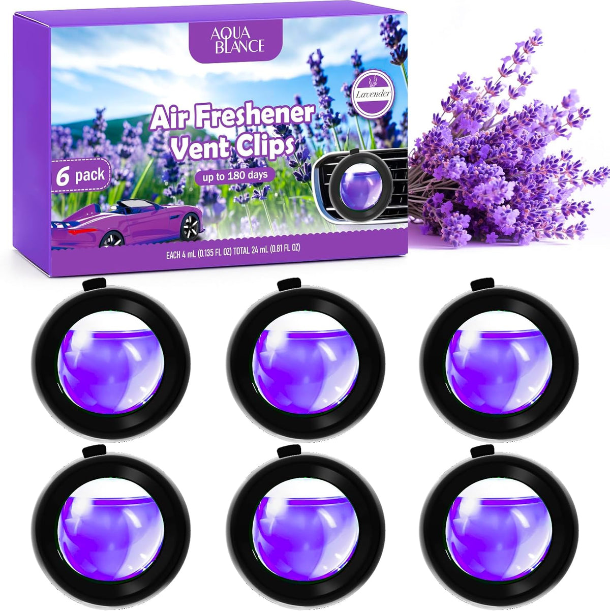 Car Air Freshener Vent Clips, Lavender Scent, 6 Pack, Long Lasting Scent Up to 180 Days, Car Fresheners for Women, Car Vent Clip for Men