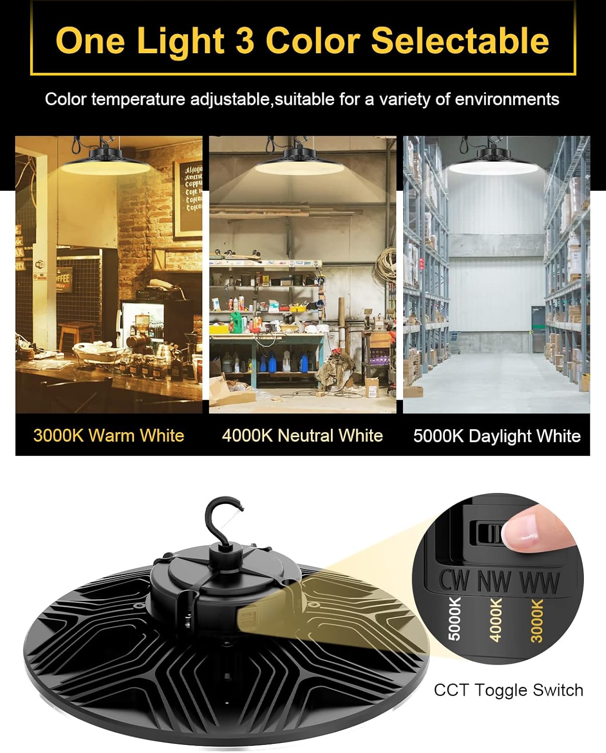 UFO LED High Bay Light, 240W/200W/150W Adjustable, UL & DLC Listed 5000K/4000K/3000K Adjustable, 33600LM 0-10V Dimmable IP65 Waterproof High Bay Lights AC100-277V for Warehouse Factory