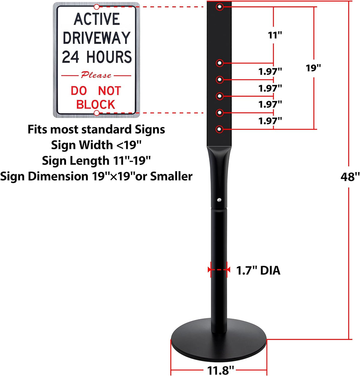 Heavy Duty Parking Sign Base Cast Iron 48" Parking Sign Post, Heavy Duty Cast Iron Sign Holder Base, Movable Sign Stand Suitable for Hanging Warning, Notice, Guiding Sign Display Stand (Black)