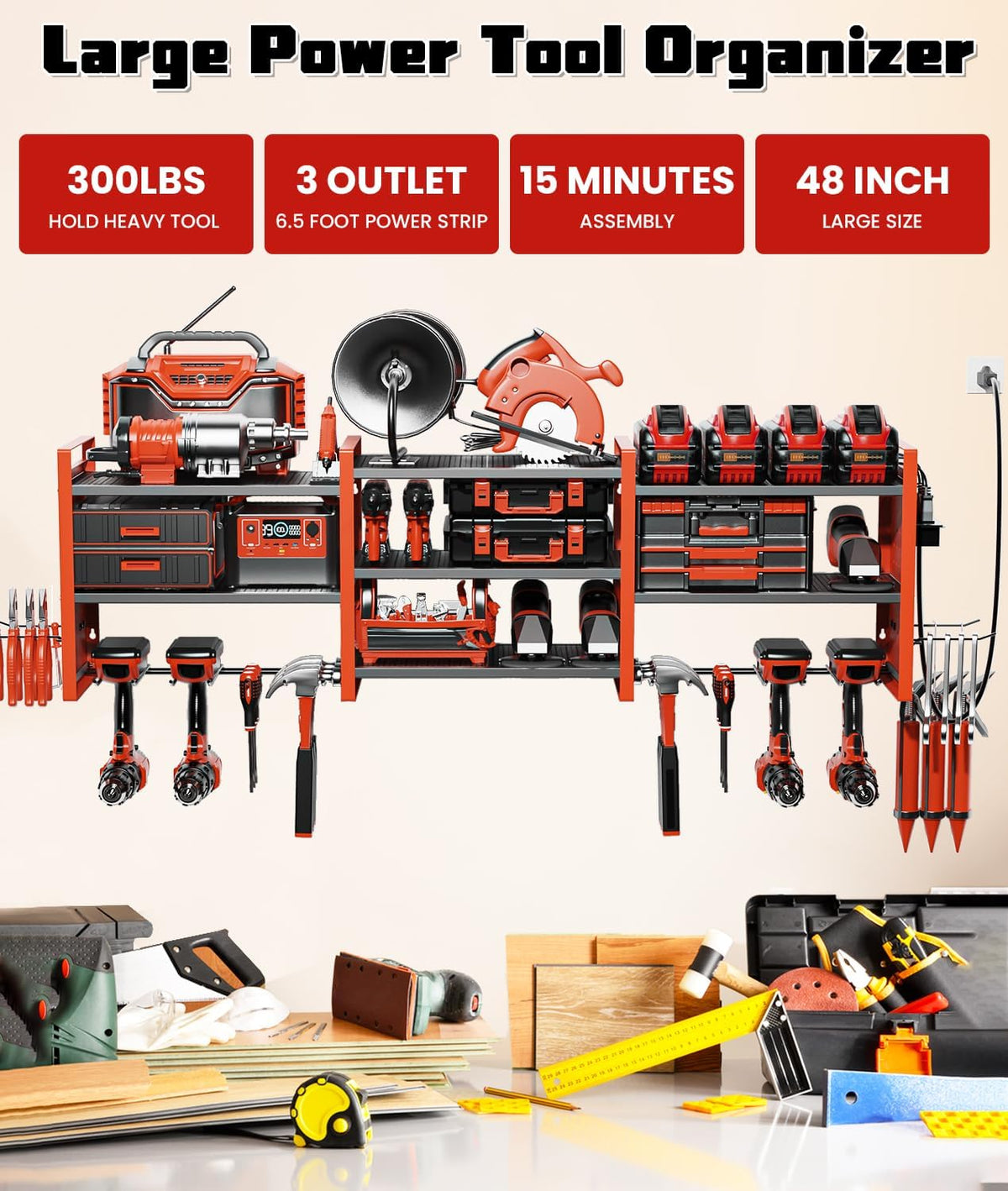 Heavy-Duty 48" Wall Mount Power Tool Organizer with Charging Station – 3-Tier Garage Organization Rack for Drills, Wrenches & Tools – Includes 16 Hooks & Pegboard Sides