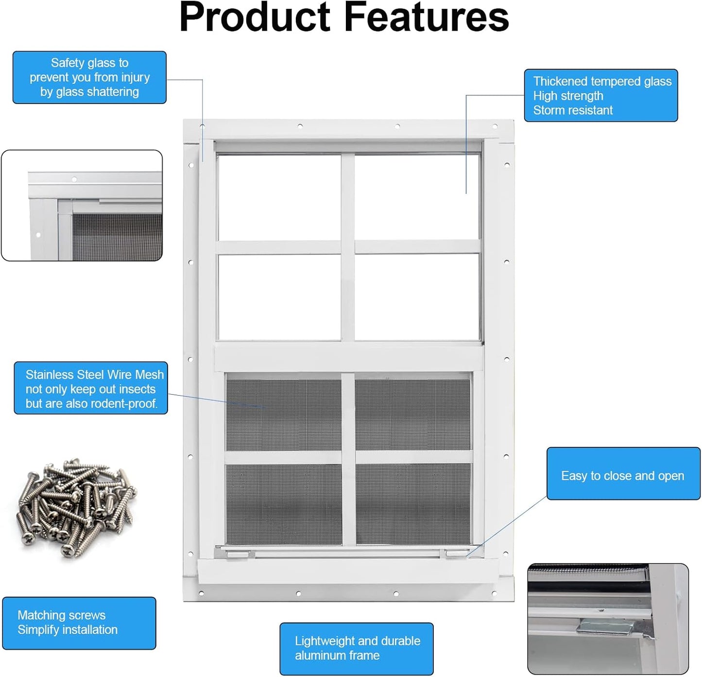 NeatiEase Upgraded Shed Windows 2 Pack, 14" x 21" Windows with Tempered Glass and Stainless Steel Screen for Shed, Chicken Coop, Playhouse, Household, Garage(White)