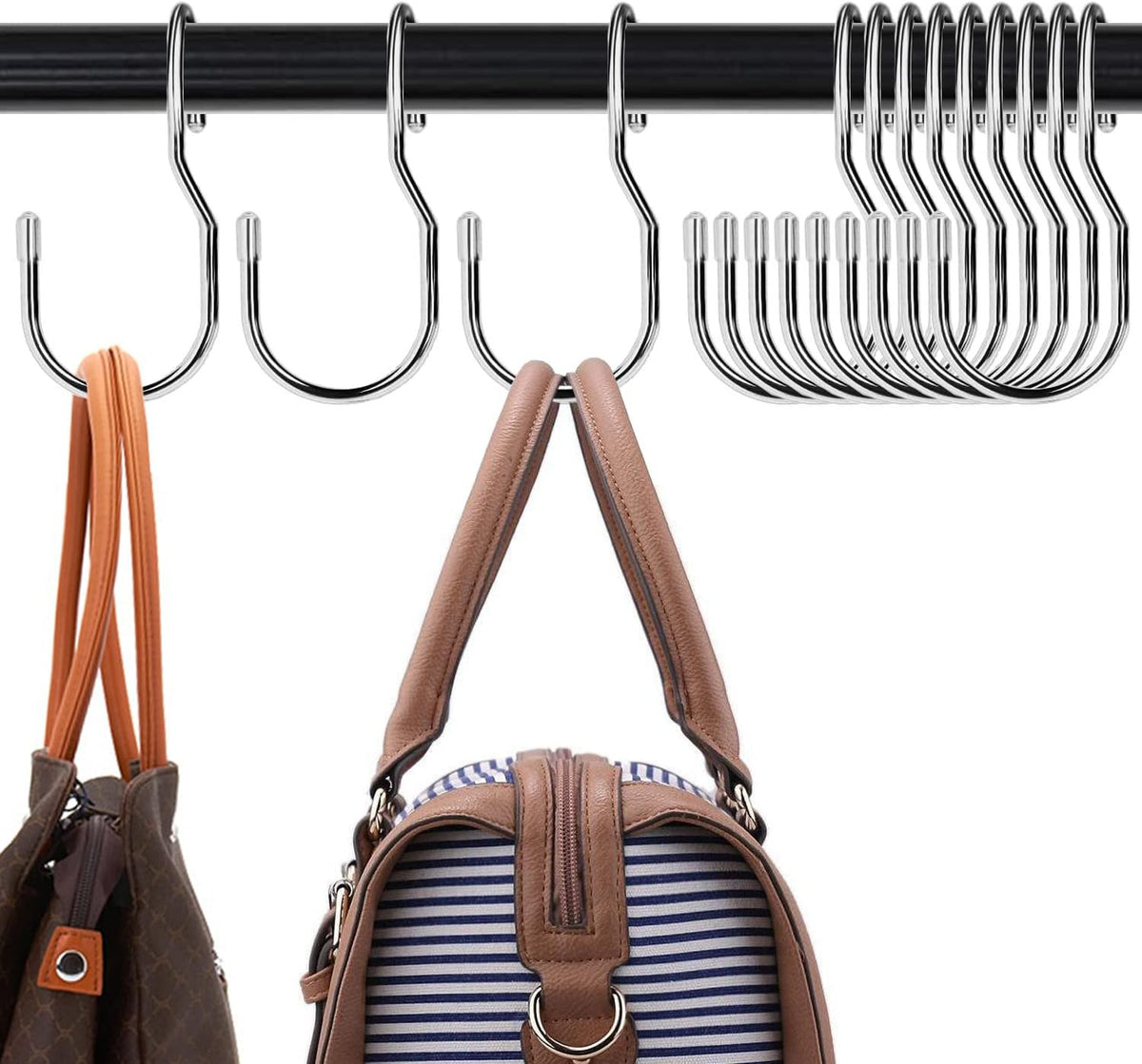 Unique Twist Design Bag Hanger Purse Hooks - 5 Inch Large Size Closet Rod Hooks for Hanging Bags, Purses, Handbags, Belts, Scarves, Hats, Clothes, Pans and Pots (12 Pack)