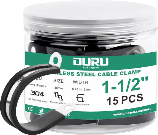 15pcs 1-1/2 Inch Stainless Steel Cable Clamps,Rubber Coated Cushioned Insulated Cable Clamp,Automotive Cable Wire Clamps,Pipe Clamps,Metal Clamp for Tube,Lines,Wire Cord Installation(Black,38mm)