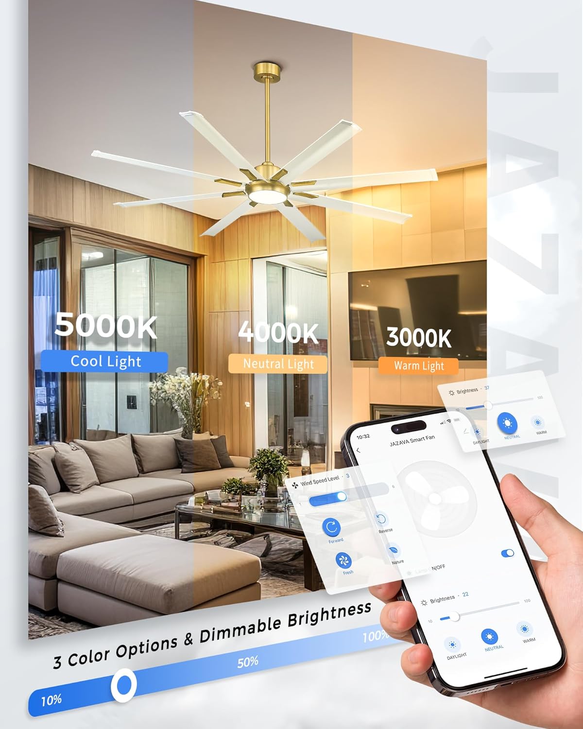 72 Inch White & Gold Ceiling Fan,Smart Ceiling Fan with Voice Control,Large Ceiling Fan With 8 Aluminium Metal Blades,CF04BGW-72