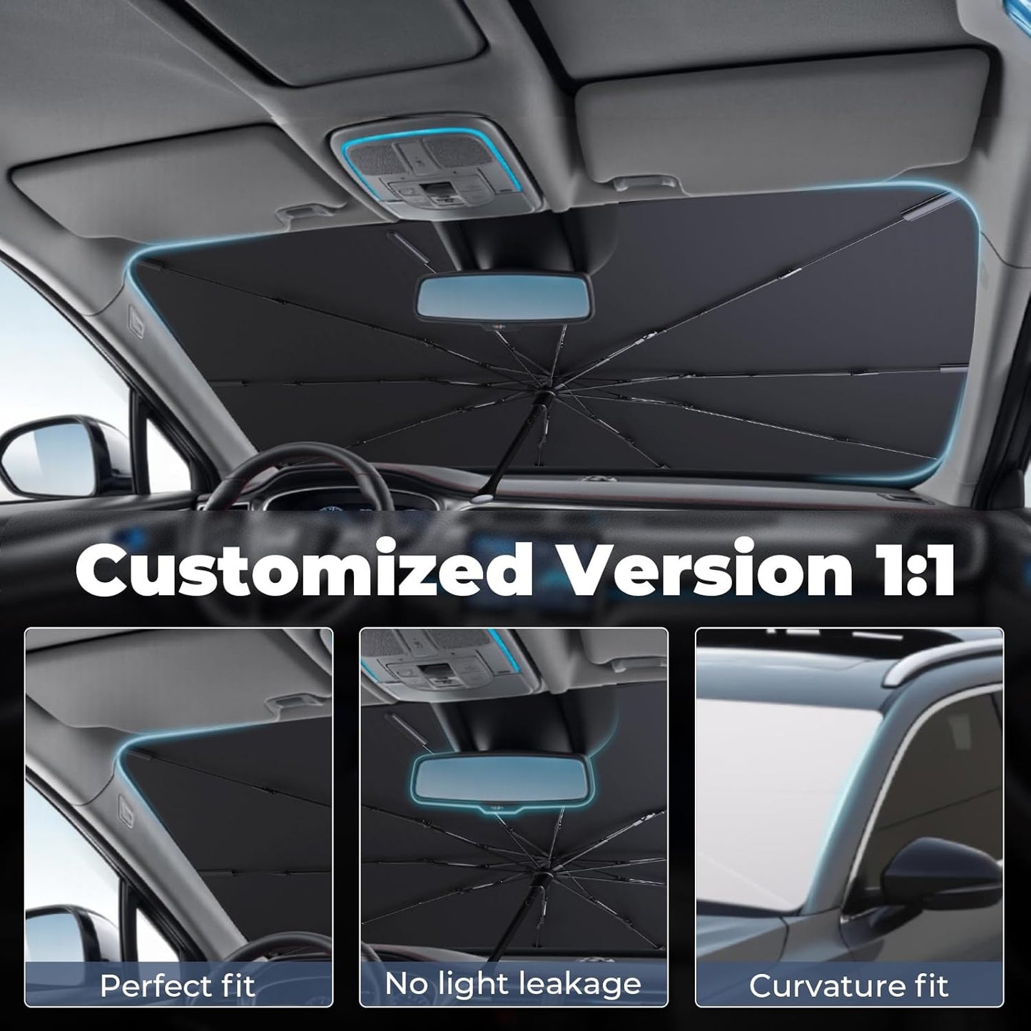 Windshield Sun Shade Umbrella: for Tesla Model3-2016-2023 2024 2025 Model 3 Highland- Front Car Window Shades - Foldable Tesla Model-3 Sunshades Block UV Keep Cool