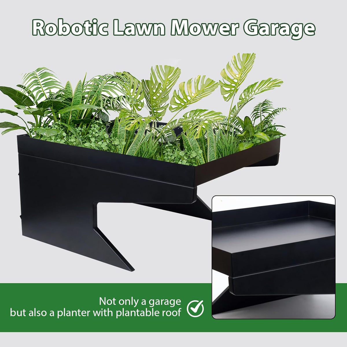Weatherproof Robotic Lawn Mower Garage with Planter Compatible for All Robotic Lawn Mower Heavy-Duty Metal Shelter for Lawn Mower (27''x24''x14'') UV Protection & Drainage System