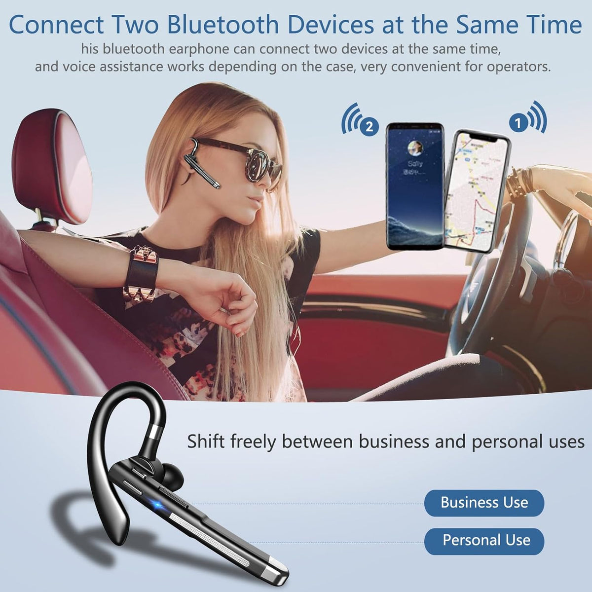 Bluetooth Headset, Wireless Bluetooth Earpiece with mic Trucker Headset for Phone Case Office Phones Built-in Microphone Manos Libres Noise Cancelling