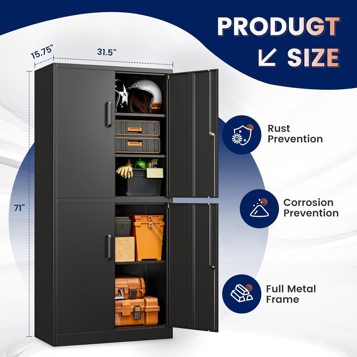 Yizosh Metal Storage Locking Cabinet with 4 Doors and 2 Adjustable Shelves,71" Lockable Garage Tall Steel Cabinet,for Home Office,Living Room,Pantry,Gym,Commercial Storage (Black)