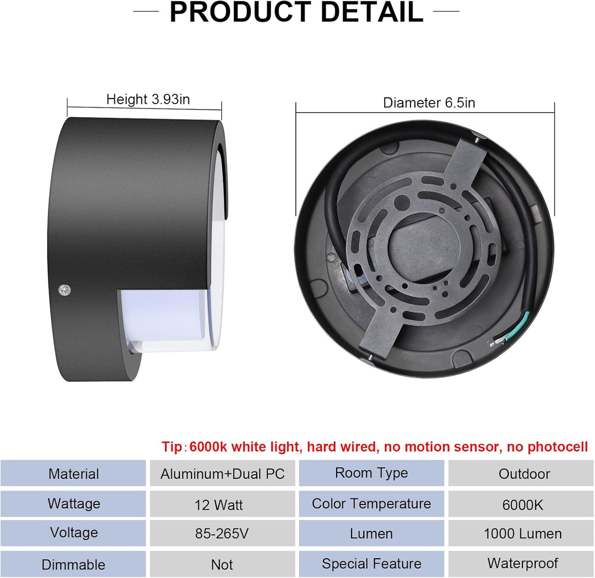 Porch Light Outdoor, 6000K Daylight Small Waterproof Anti Rust LED Wall Lights, 12W Matte Black Modern Wall Mount Exterior Fixtures Circle Cover for Entryway, Front Porch, House