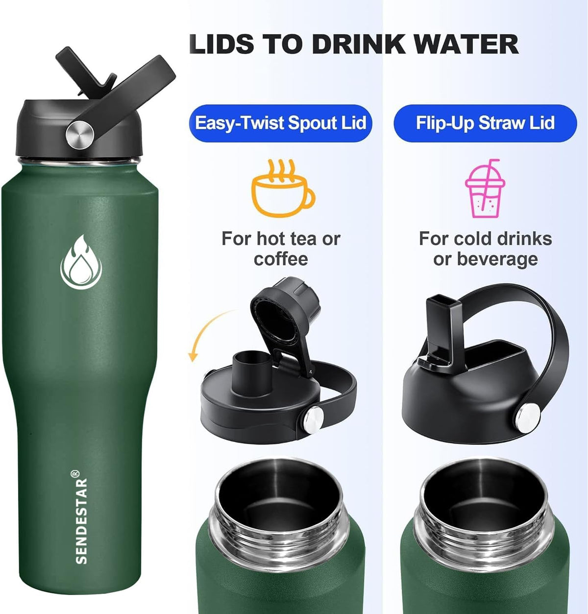 SENDESTAR 32oz Water Bottle Wide Mouth Stainless Steel Vacuum Insulated Double Wall with 2 Straw Lids Fit in Any Car Cup Holder TXIN-32-Dark Green