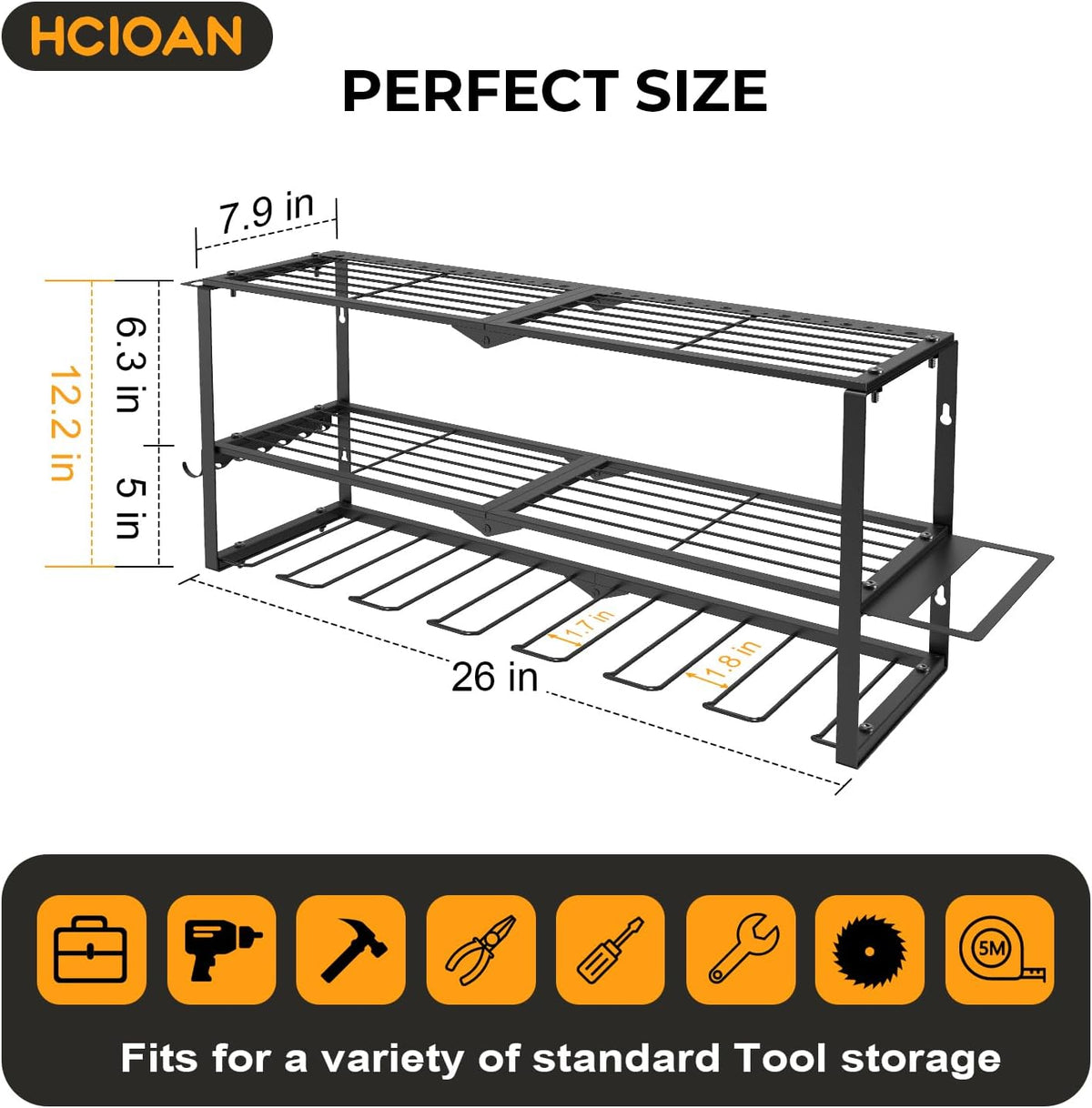 Large Power Tool Organizer Wall Mount, Power Tool Shelf System Battery Storage with 8 Cordless Drill Holder，3 Layers Heavy Duty Metal Loads 450lbs，Utility Racks for Garage Workshop