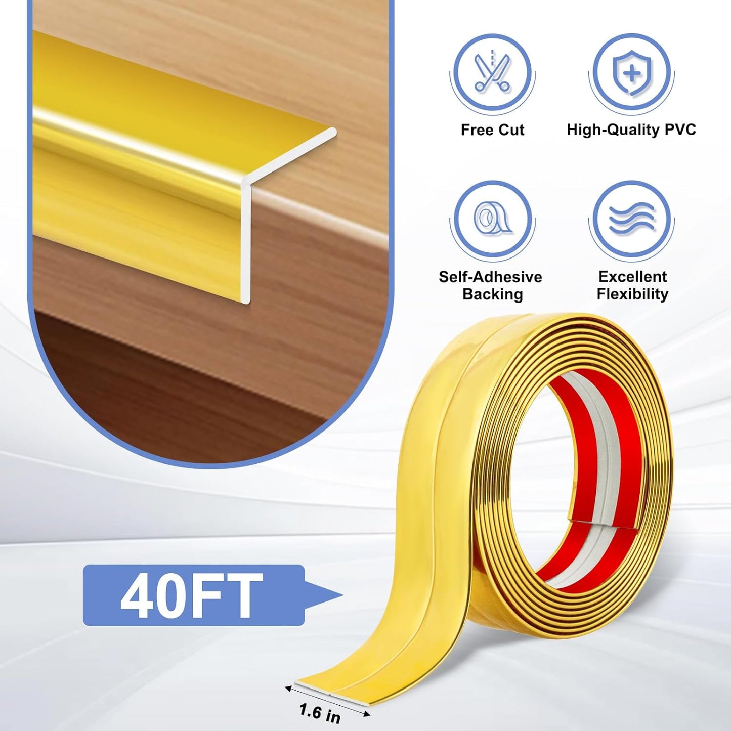 Wall Corner Protector Moulding Trim Peel and Stick Wall Corner Guards Trim Flexible Self Adhesive Edge Protector Moulding, 1.6 in x 40 Ft, Gold