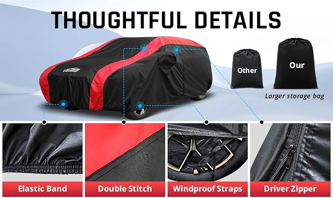 Hatchback Car Cover All Weather Protection with Red Stripe Design,Small SUV Car Cover Universal Fit Nissan Leaf, Honda Civic Hatchback, Mazda 3 Hatchback, VW Golf, Toyota Corolla Hatchback