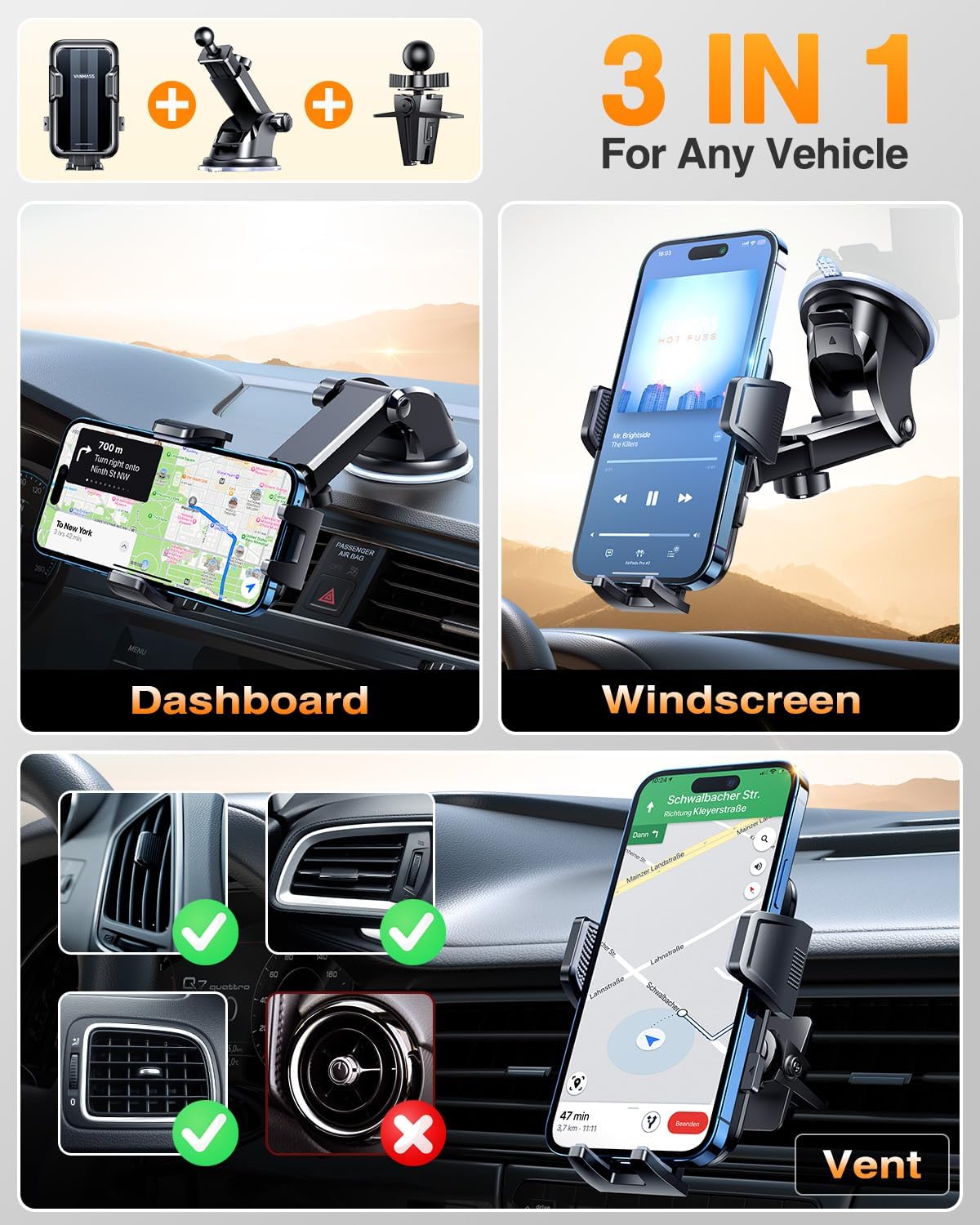 VANMASS 2025 Upgraded Car Phone Mount, [85+ LBS Strongest Suction] Patent Safety Cell Phone Mount Windshield Dashboard Vent Truck Accessories Stand Cradle for iPhone 16 Pro Max 15 14 13 Android