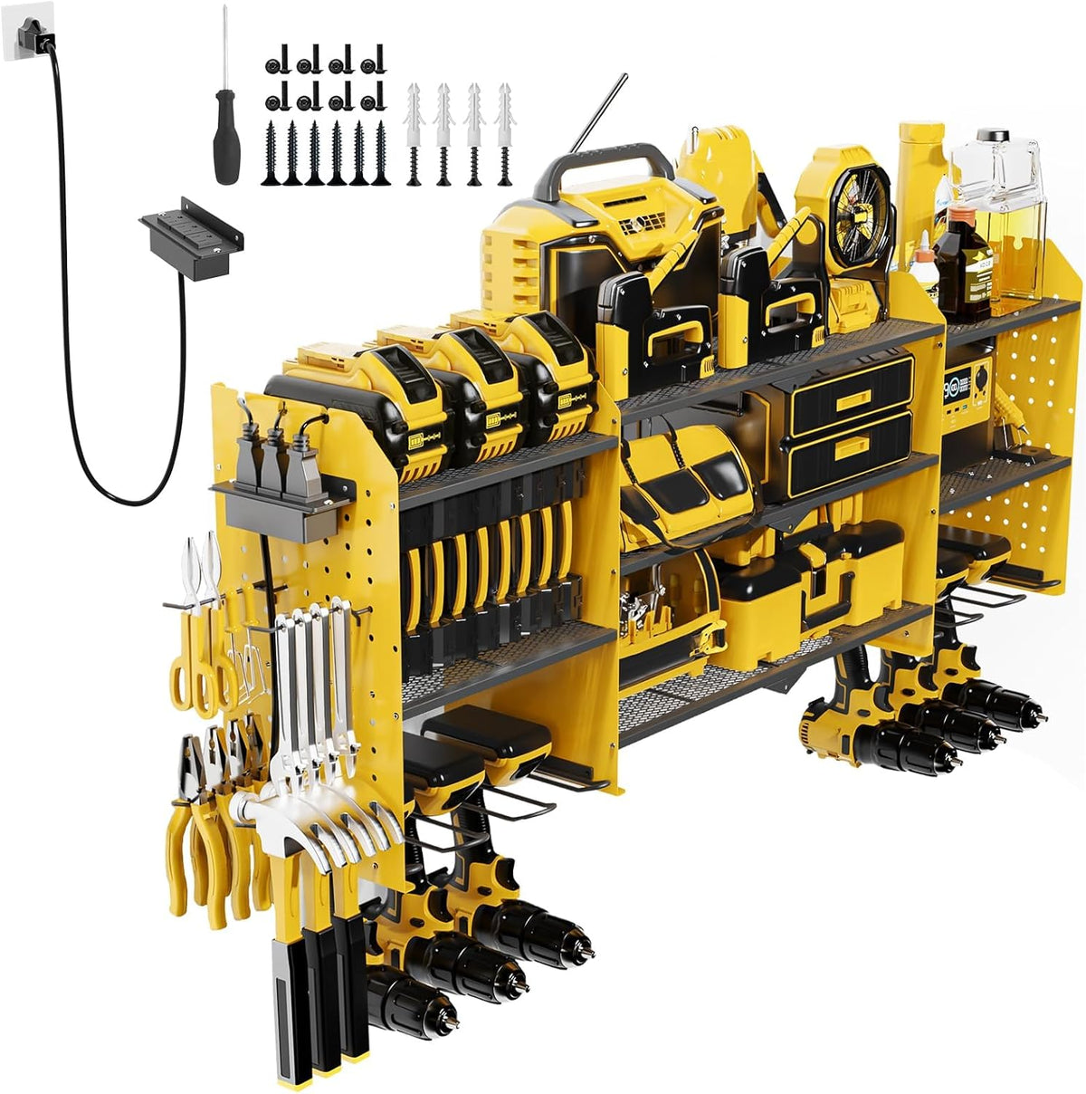 45" Large Power Tool Organizer Wall Mount with Charging Station - 3 Layer Storage Racks with 8 Cordless Drill Holder, 4 Hooks, Heavy Duty Garage Tool Organizer Storage for Workshop Pegboard Basement