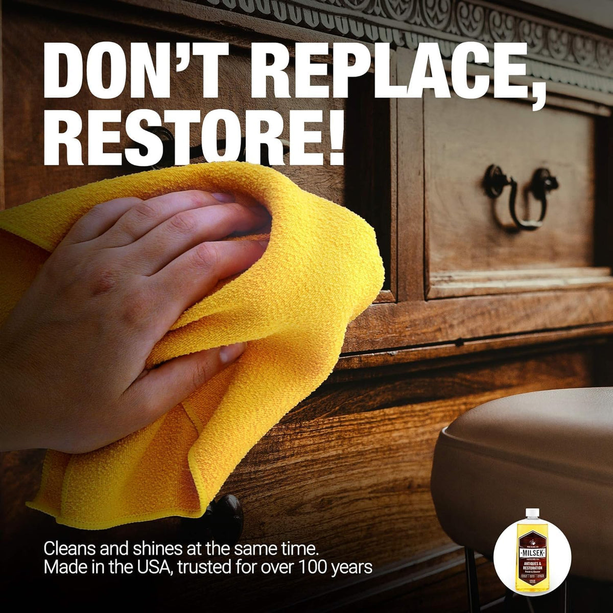 Milsek Antiques & Restoration Polish & Cleaner - Home Essential Cleaning Supplies for Home Improvement of any Wood Antiques or Heirlooms - 12 Fl Oz (Pack of 4)
