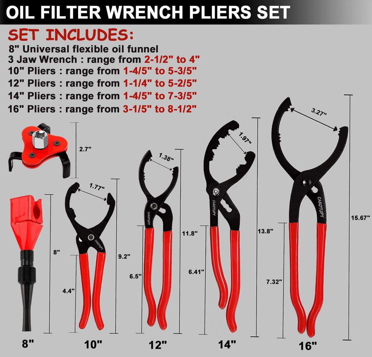 6Pcs Oil Filter Pliers Set, Universal Oil Filter Wrench with Oil Funnel, 10" & 12" & 14" & 16" Premium Oil Filter Removal Tool From 1-1/4" to 8-1/2"
