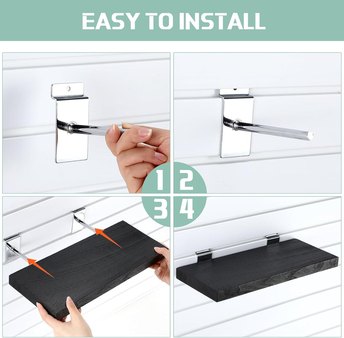 4 Pack Wooden Slatwall Shelf, 16.1" D x 6.7" W x 1.1" H Slatwall Shelves with Metal Hooks Organizer Set Mounted Accessories for Garage Home Workshop Workbench