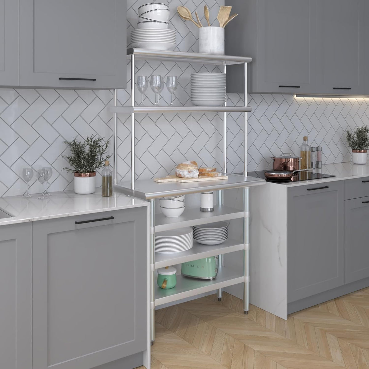 Amgood 18" x 36" Stainless Steel Work Table with 3 Shelves and 12" Wide Double Tier Overshelf | Metal Kitchen Prep Table & Shelving Combo | NSF