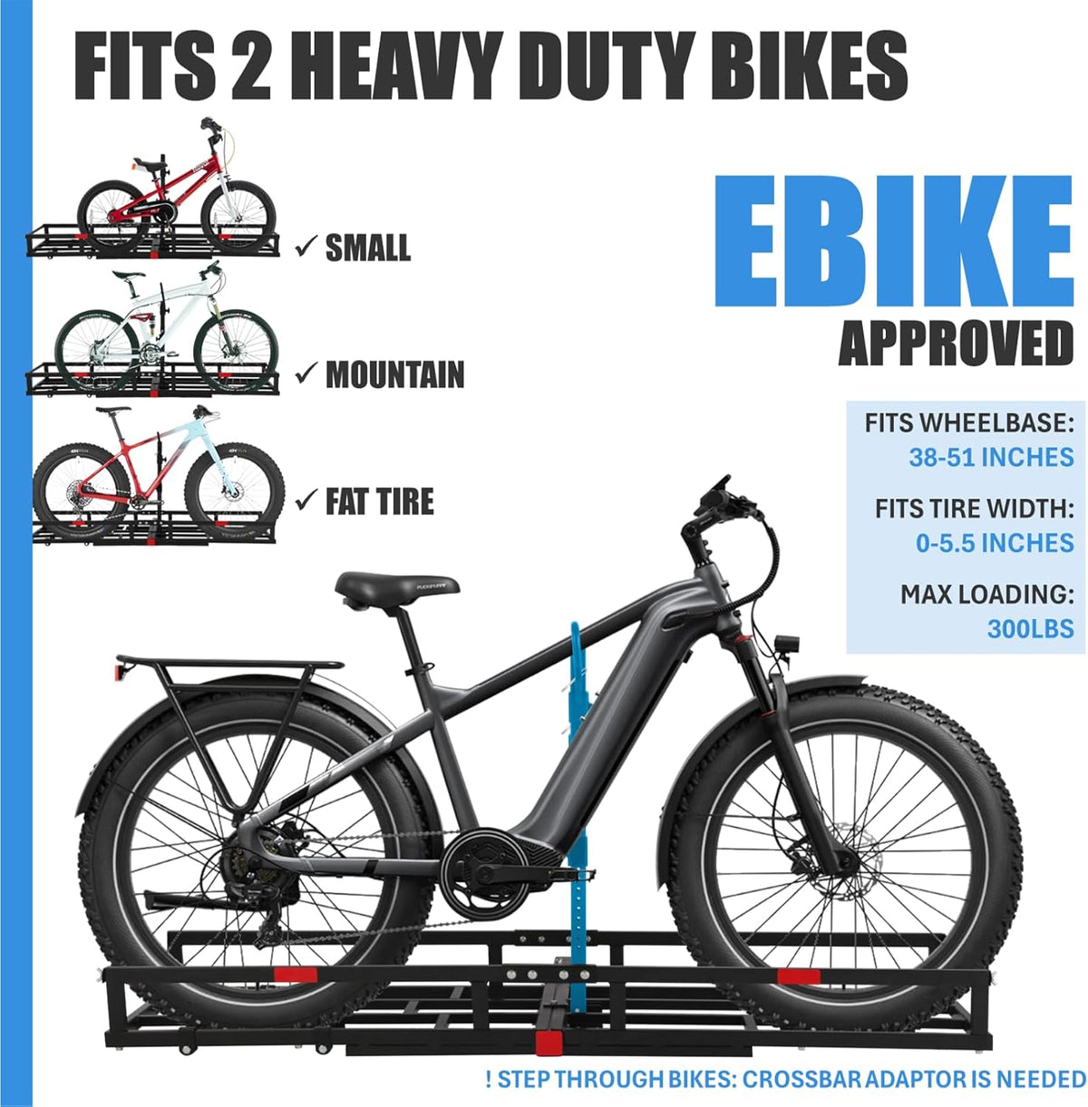 Hitch-Mount Bike Rack for Ebike Heavy-Duty - Comes with Cargo Carrier Fits 2 Electric Fat-Tire Mountain Bicycles Fits 2" Receiver for Car Trailer SUV Truck RV Minivan (Blue)