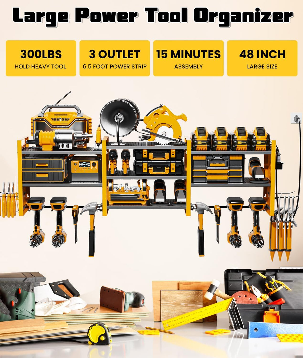 Heavy-Duty 48" Wall Mount Power Tool Organizer with Charging Station – 3-Tier Garage Organization Rack for Drills, Wrenches & Tools – Includes 16 Hooks & Pegboard Sides