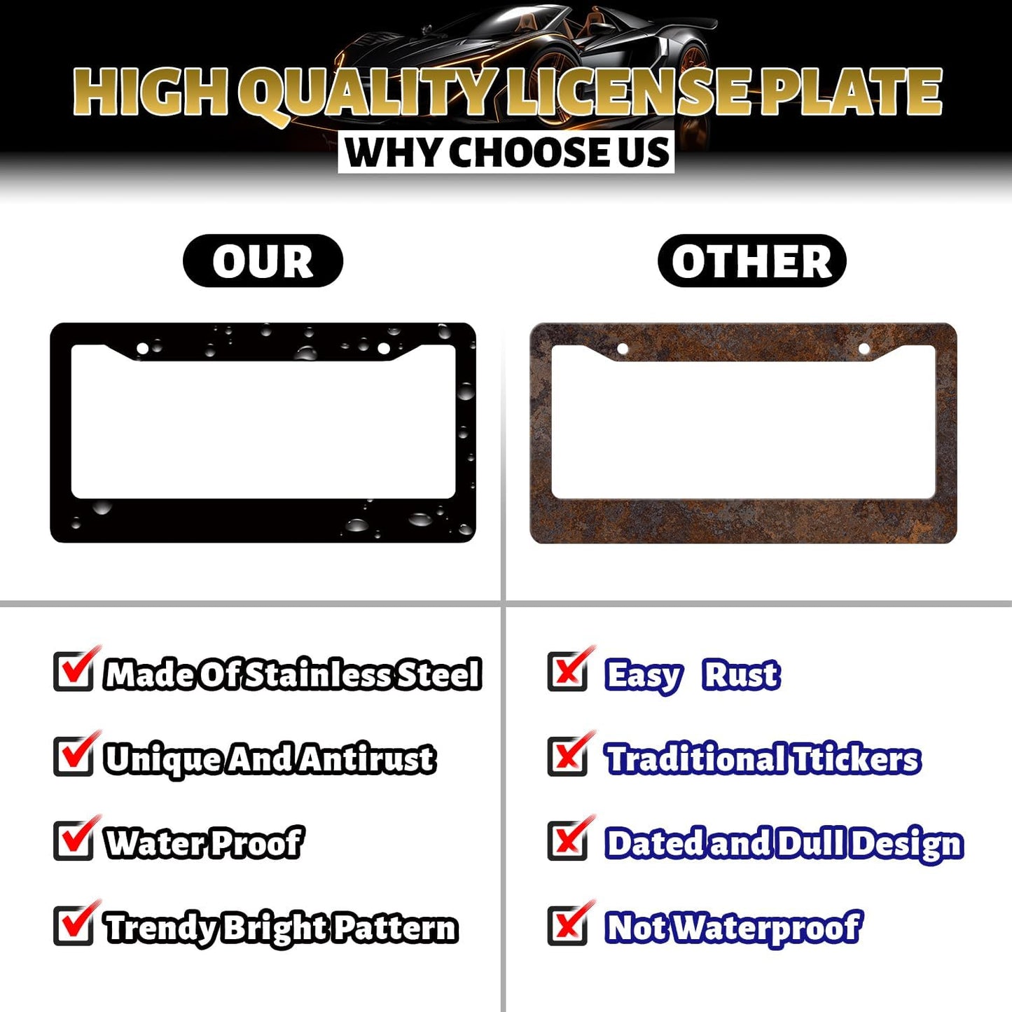American Flag License Plate Frame Patriotic USA License Plate Holder Stainless Steel Funny Design with 2 Holes and Screws 12.3" x 6.3"