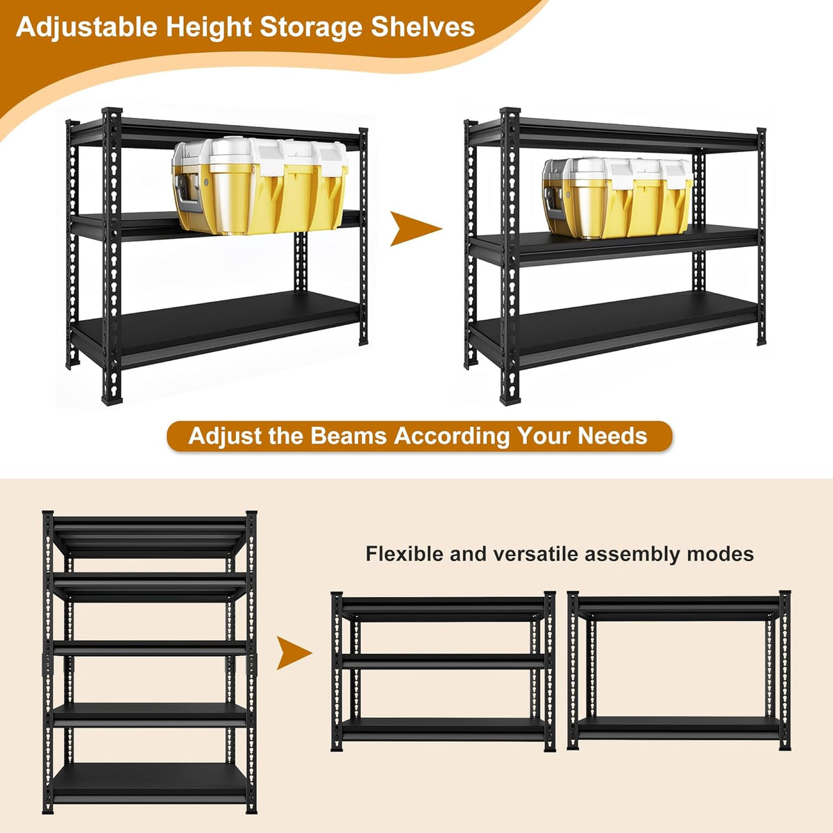 40" W Garage Shelving Heavy Duty，2000LBS Loads Adjustable Garage Storage Shelves, 5-Tier Metal Shelving Units and Storage Racks Heavy Duty, 40”W x 18”D x 72”H，Black