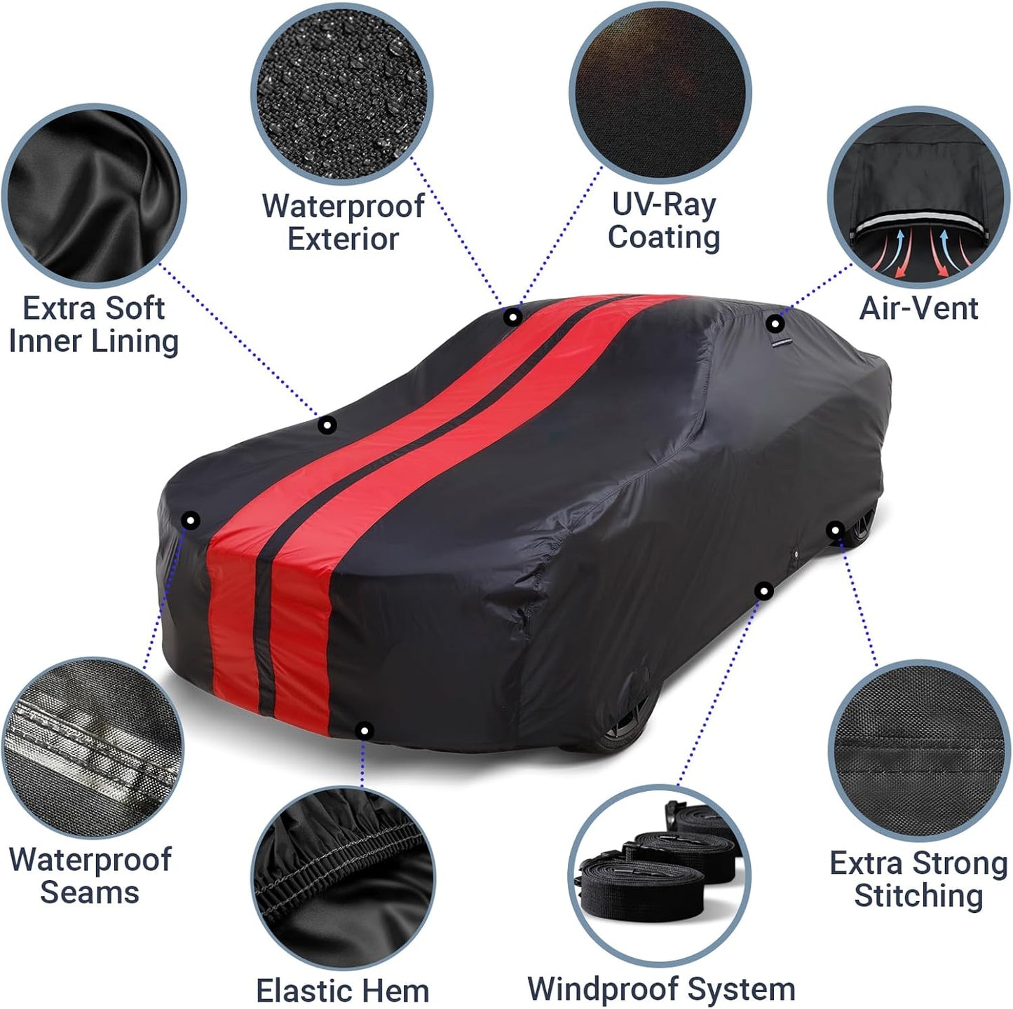iCarCover Custom Car Cover for Pontiac Parisienne 4-Door (1965-1970) Waterproof All-Weather Rain Snow UV Sun Protector Full Exterior Indoor Outdoor Car Cover (Stripe - Black/Red)