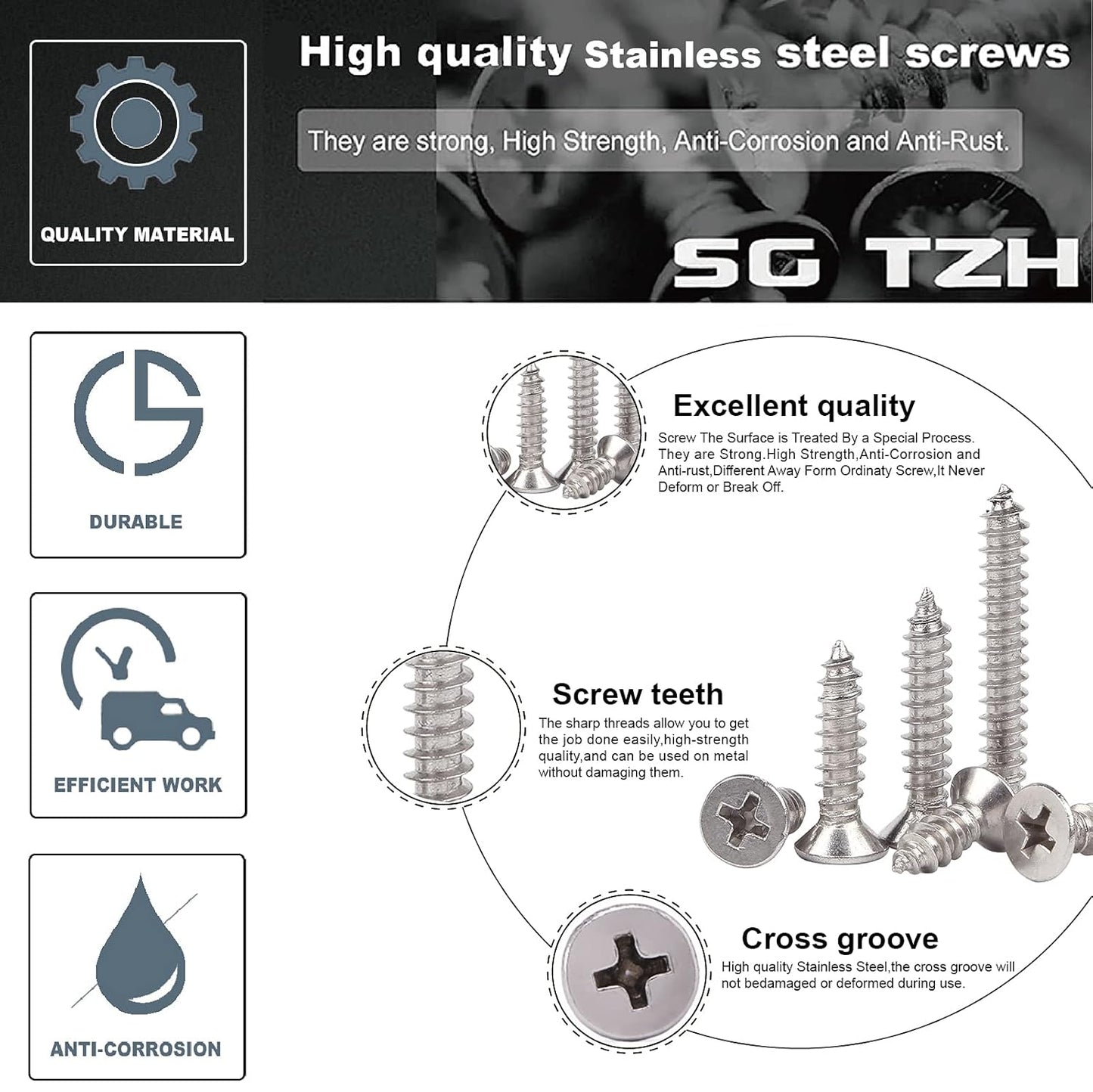 #10 x 1" Wood Screw 100Pcs 18-8 (304) Stainless Steel Screws Flat Head Phillips Fast Self Tapping Drywall Screws by SG TZH